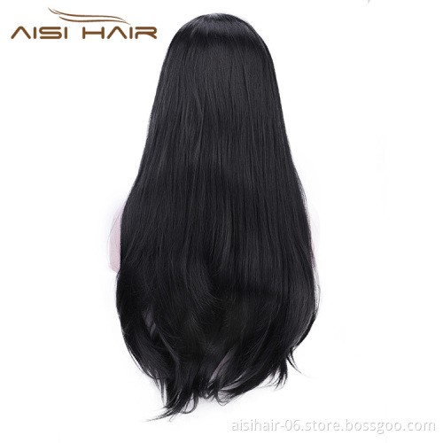 Aisi Hair Heat Resistant Synthetic Fiber Lace Front Long Straight Wig Natural Black Lace Front Soft Straight Long Wigs for Women